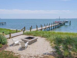 Fire pit beach and dock overlooking the Rappahannock River