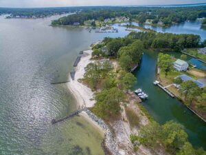 Community dock and beach in Deltaville